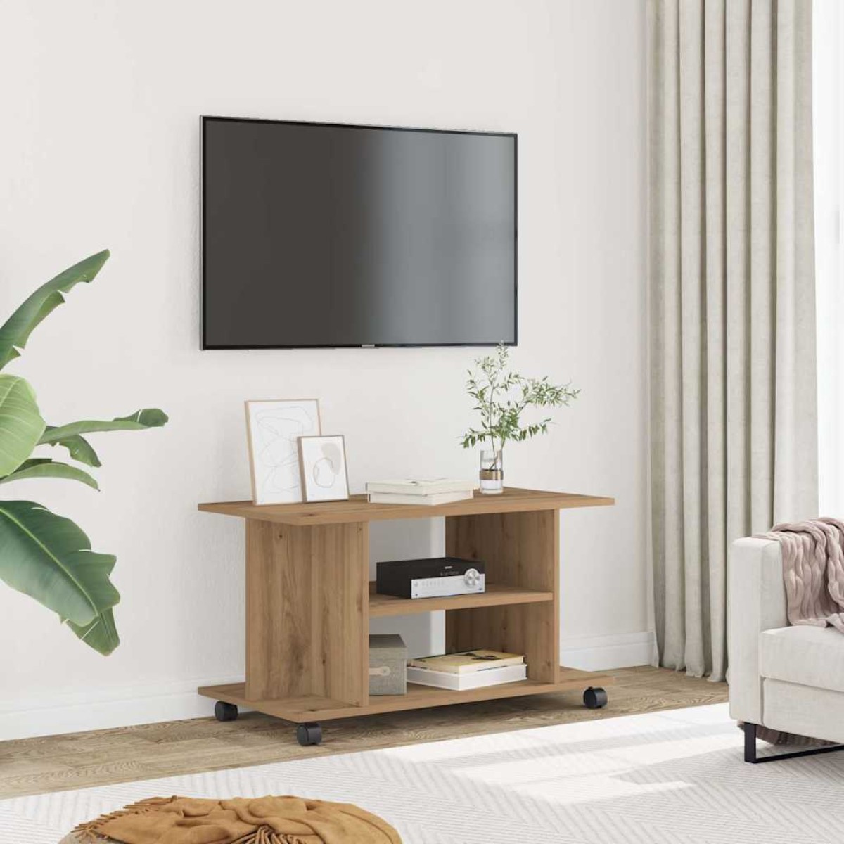 vidaXL Έπιπλο Τηλεόρασης με Ρόδες Τεχνίτης Δρυς 80x40x45 εκ Επεξ. Ξύλο