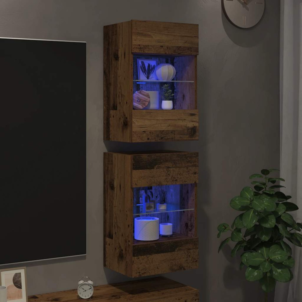 vidaXL Κρεμαστά ντουλάπια με φώτα LED για τηλεόραση 2 Τεμ. Μαύρα 40x30x60,5 εκ.