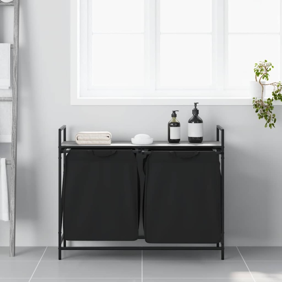 vidaXL Καλάθι Απλύτων με 2 Θέσεις και Ράφι, Γκρι Sonoma