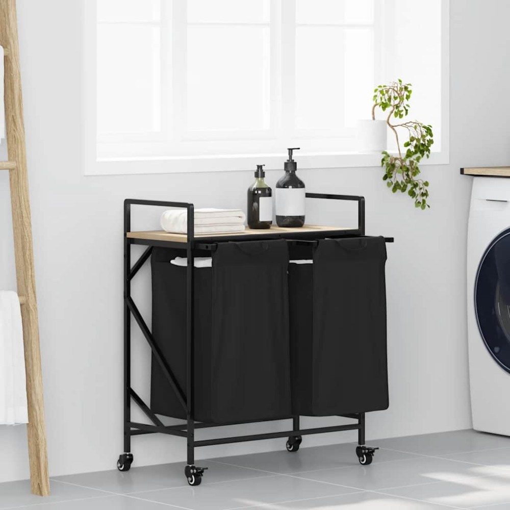 vidaXL Καλάθι Απλύτων με 2 Θέσεις και Ρόδες, Ξύλο Sonoma Δρυς