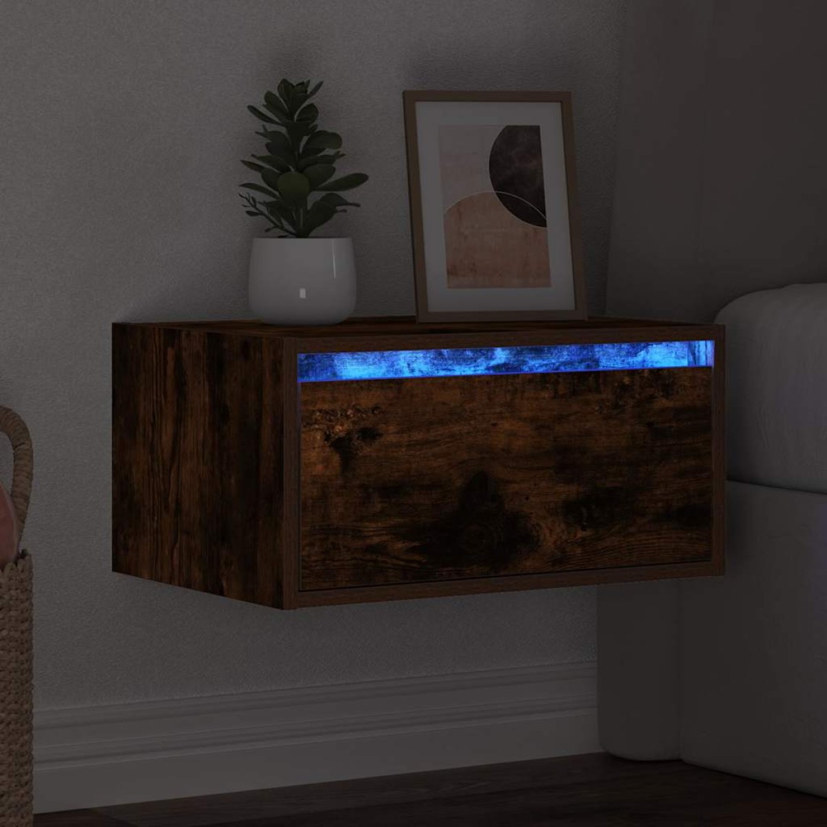 vidaXL Κομοδίνο Επιτοίχιο με Φώτα LED Καπνιστή Δρυς
