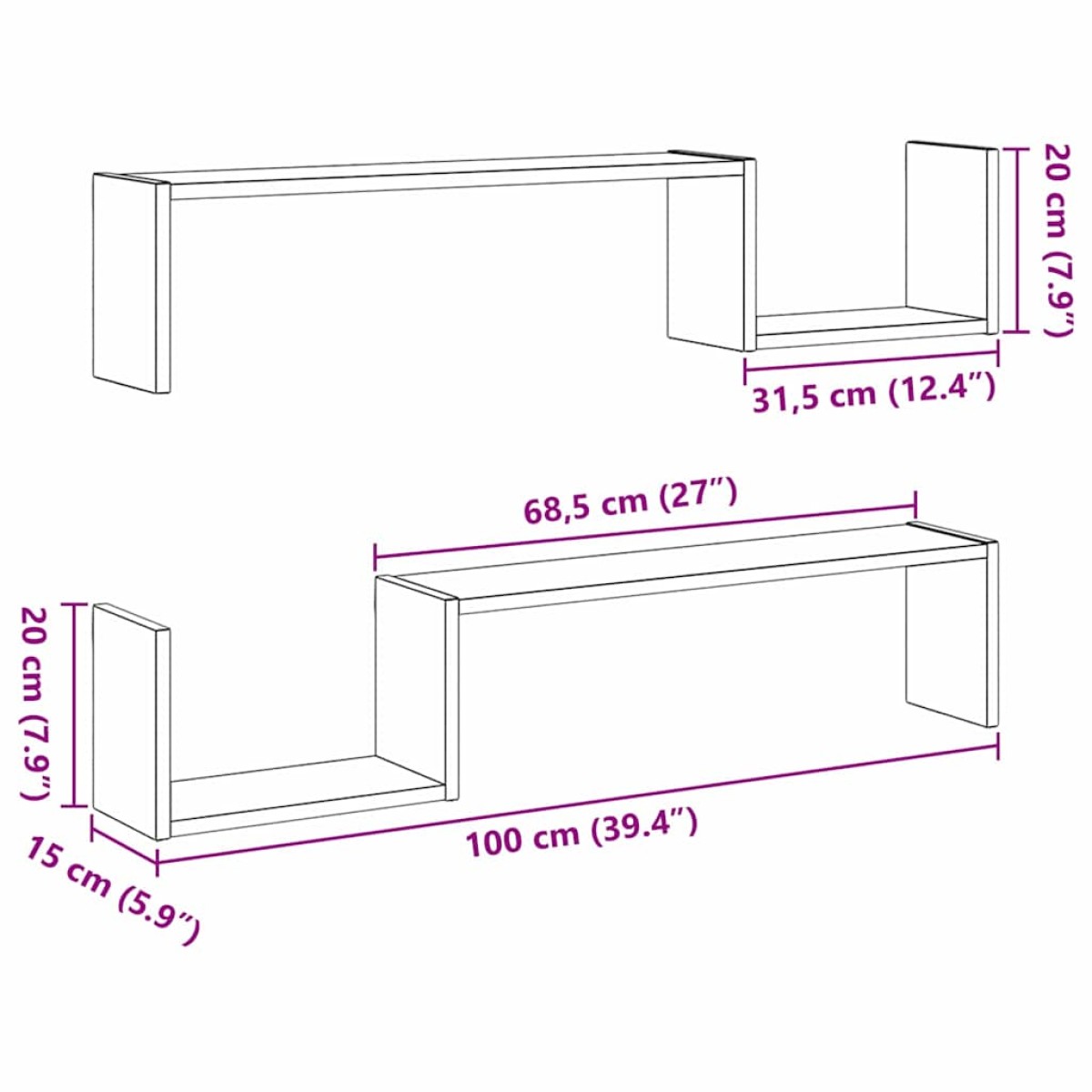 vidaXL Ράφι Τοίχου Επιτοίχιο 2 τμχ. Μαύρη Οξυά 100 x 15 x 20 εκ.