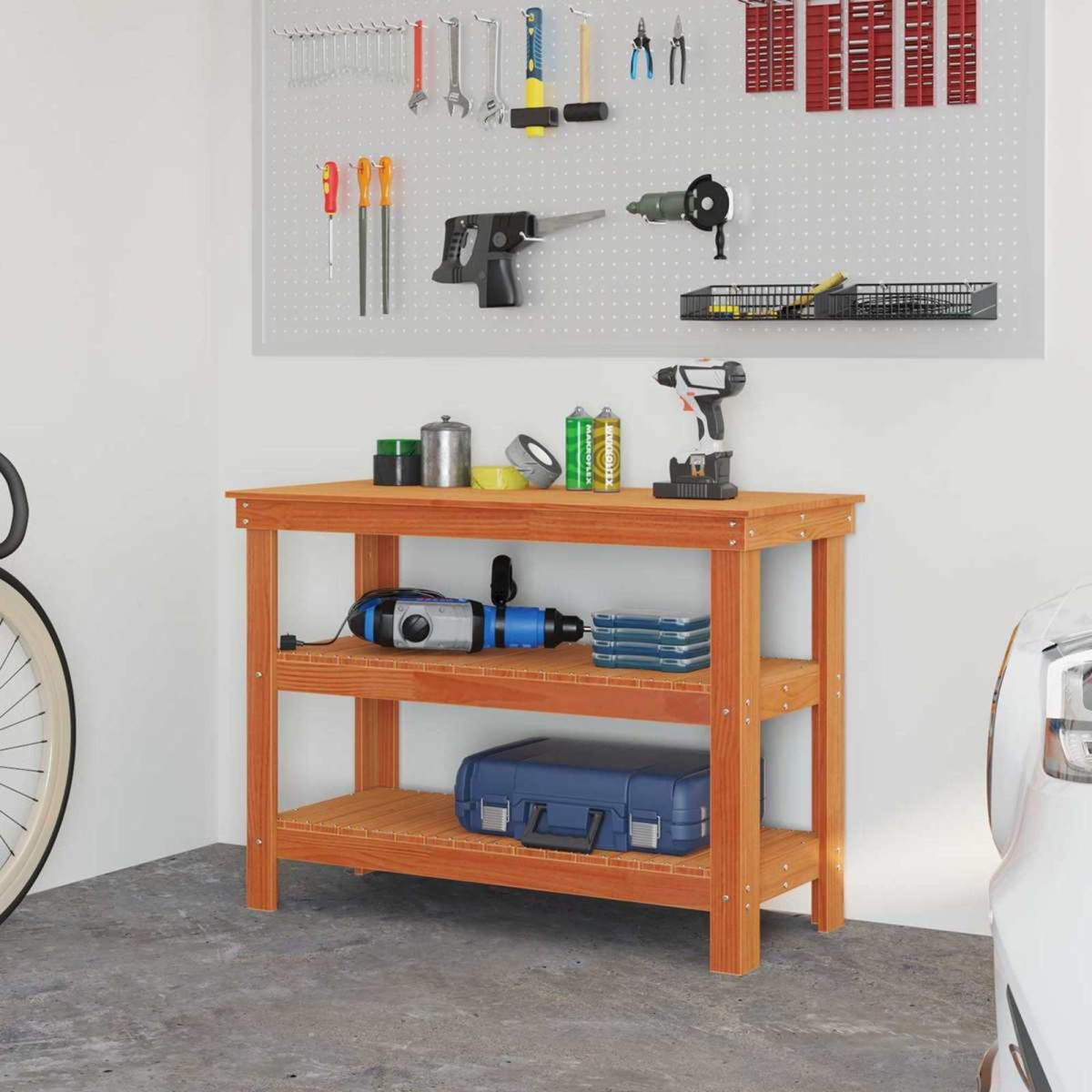 vidaXL Πάγκος εργασίας με ράφι 110,5 x 50 x 80 cm Μασίφ Ξύλο Πεύκου