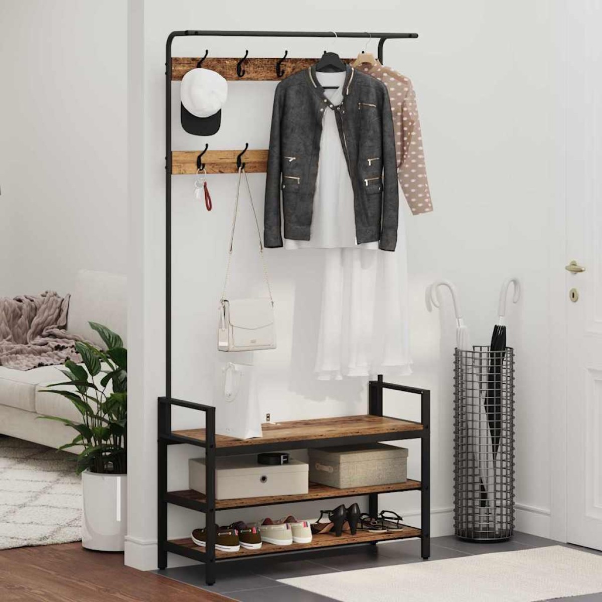 vidaXL Κρεμάστρα Παλαιωμένο ξύλο 95 x 34 x 184 εκ Επεξεργασμένο ξύλο