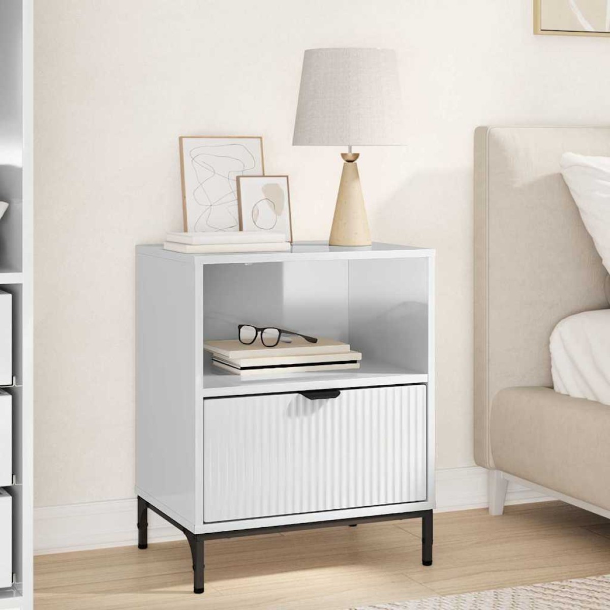 vidaXL Κομοδίνο Γυαλιστερό λευκό 49 x 36 x 61 εκ Επεξεργασμένο ξύλο