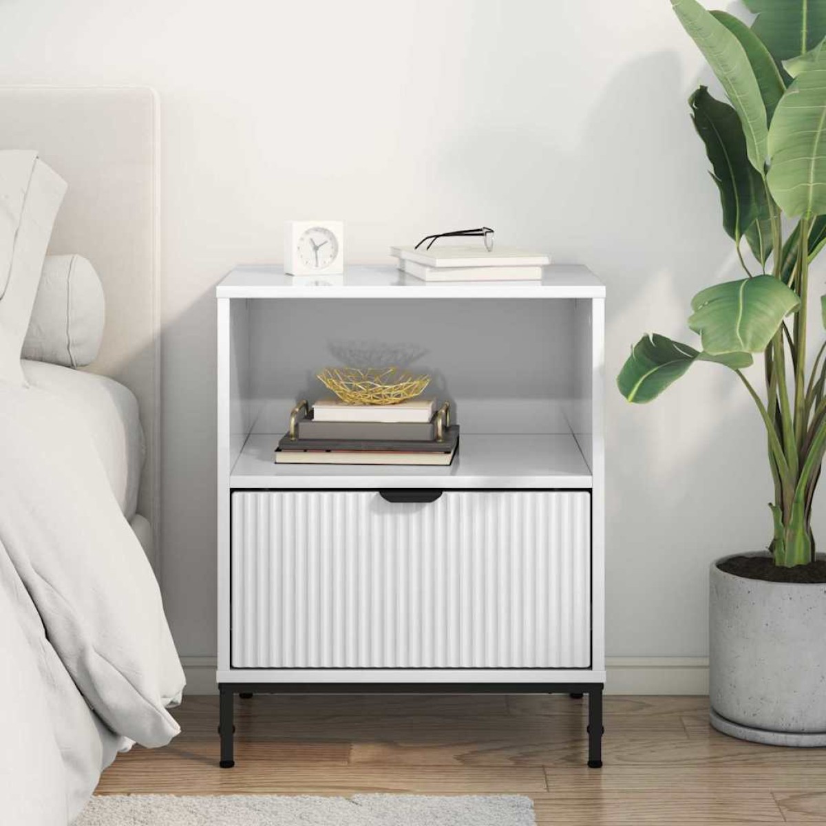vidaXL Κομοδίνο Γυαλιστερό λευκό 49 x 36 x 61 εκ Επεξεργασμένο ξύλο