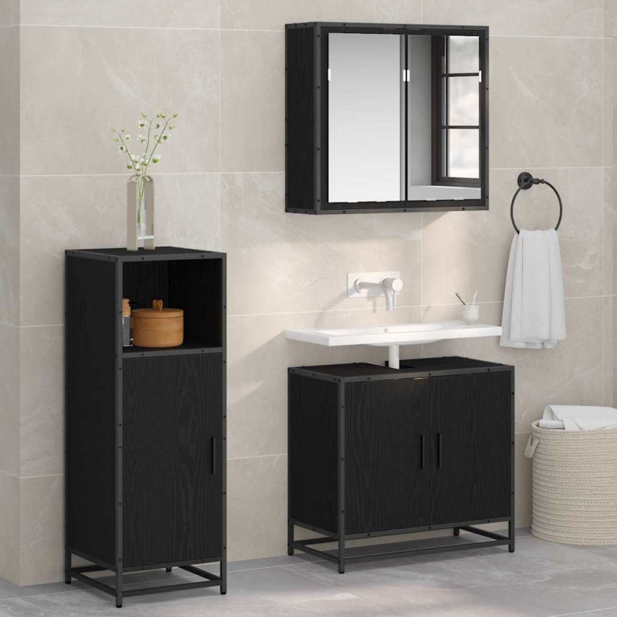 vidaXL Σετ Επίπλων Μπάνιου Μαύρη Οξυά 35 x 37,5 x 100 εκ.