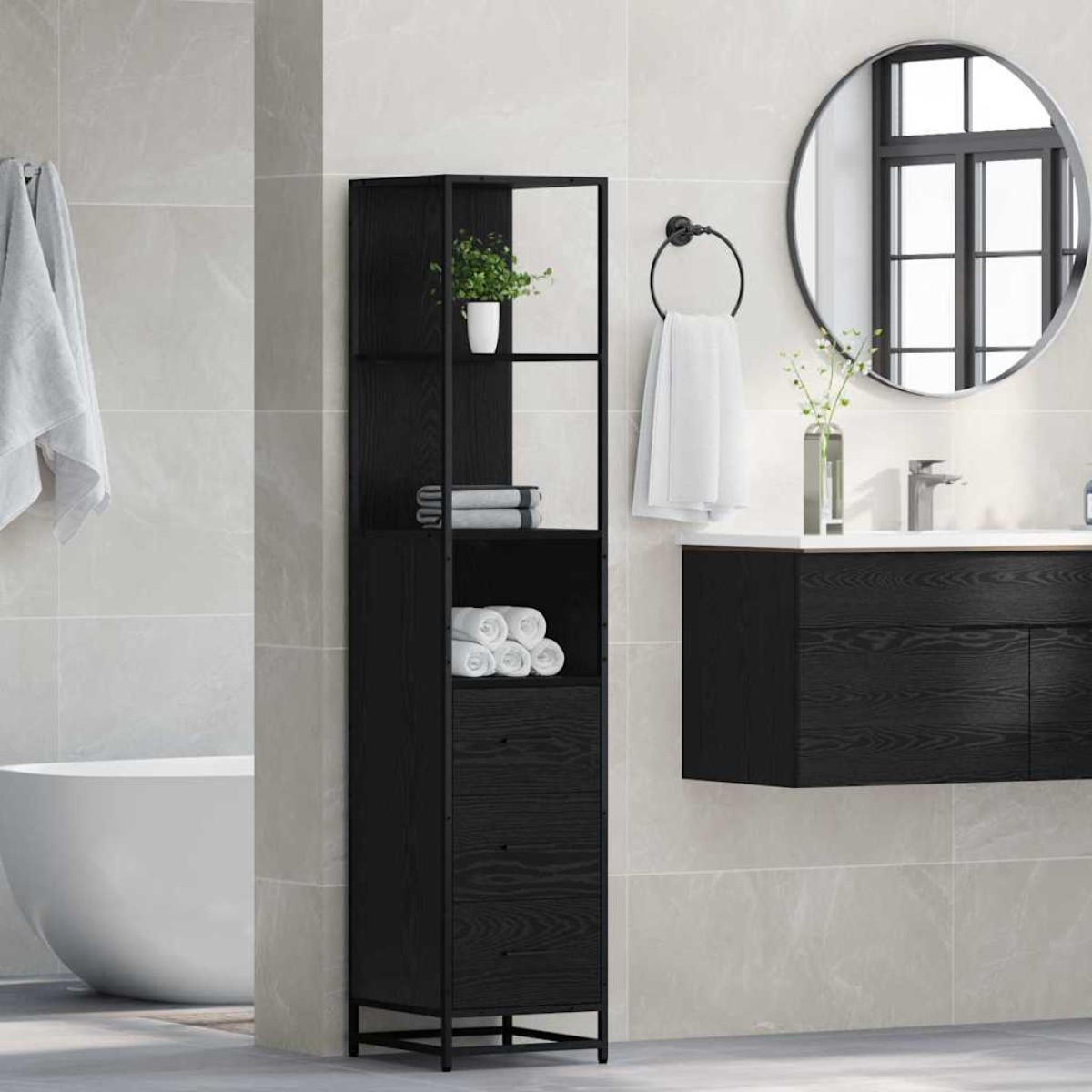 vidaXL Σετ Επίπλων Μπάνιου Μαύρη Οξυά 35 x 37,5 x 166 εκ.