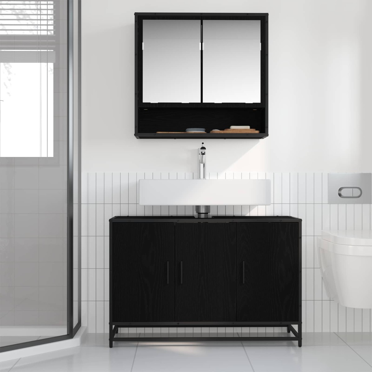 vidaXL Ντουλάπι Μπάνιου Μαύρη Οξυά 90 x 33 x 60 εκ. Επεξεργασμένο Ξύλο