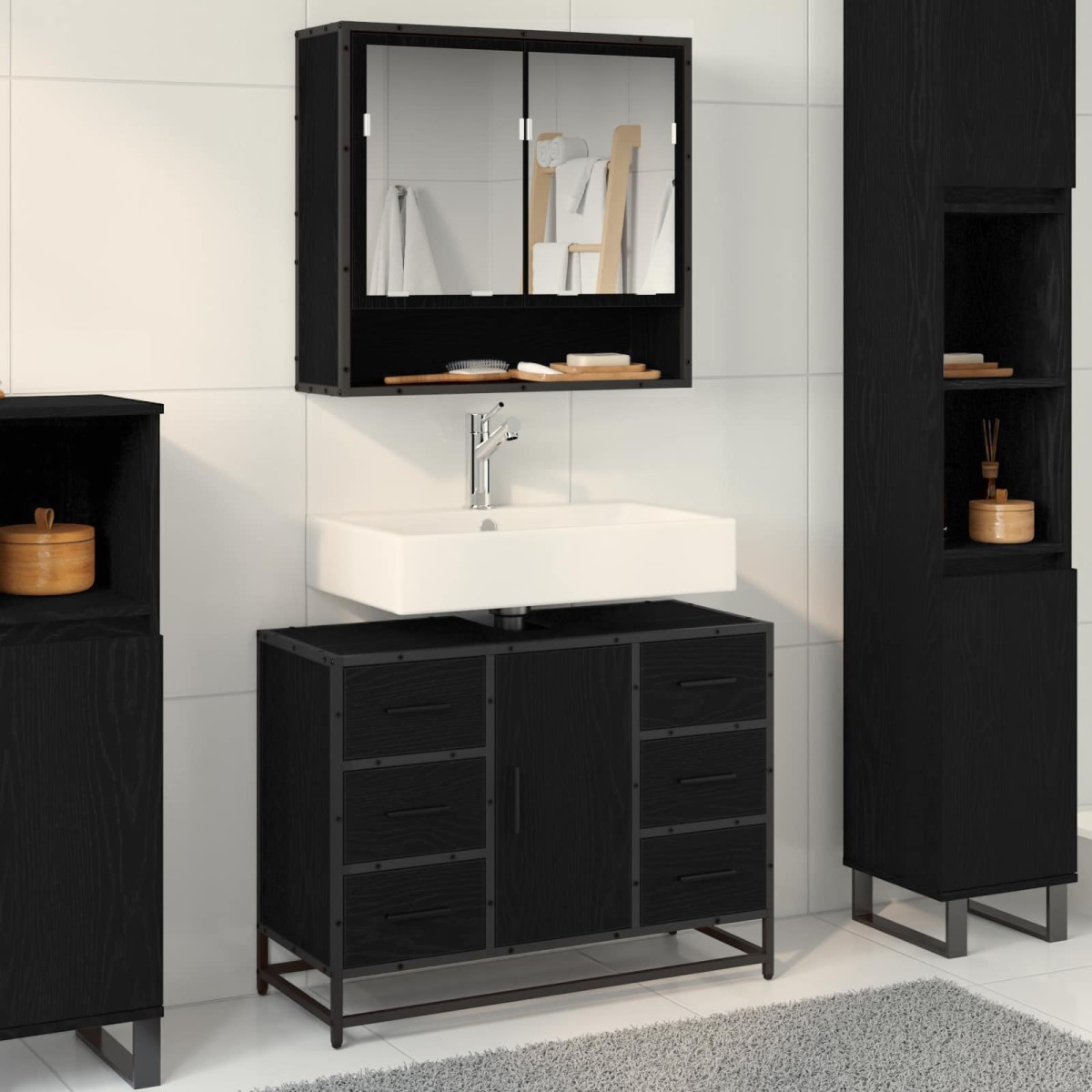 vidaXL Ντουλάπι Μπάνιου Μαύρη Οξυά 80 x 33 x 60 εκ Επεξεργασμένο Ξύλο