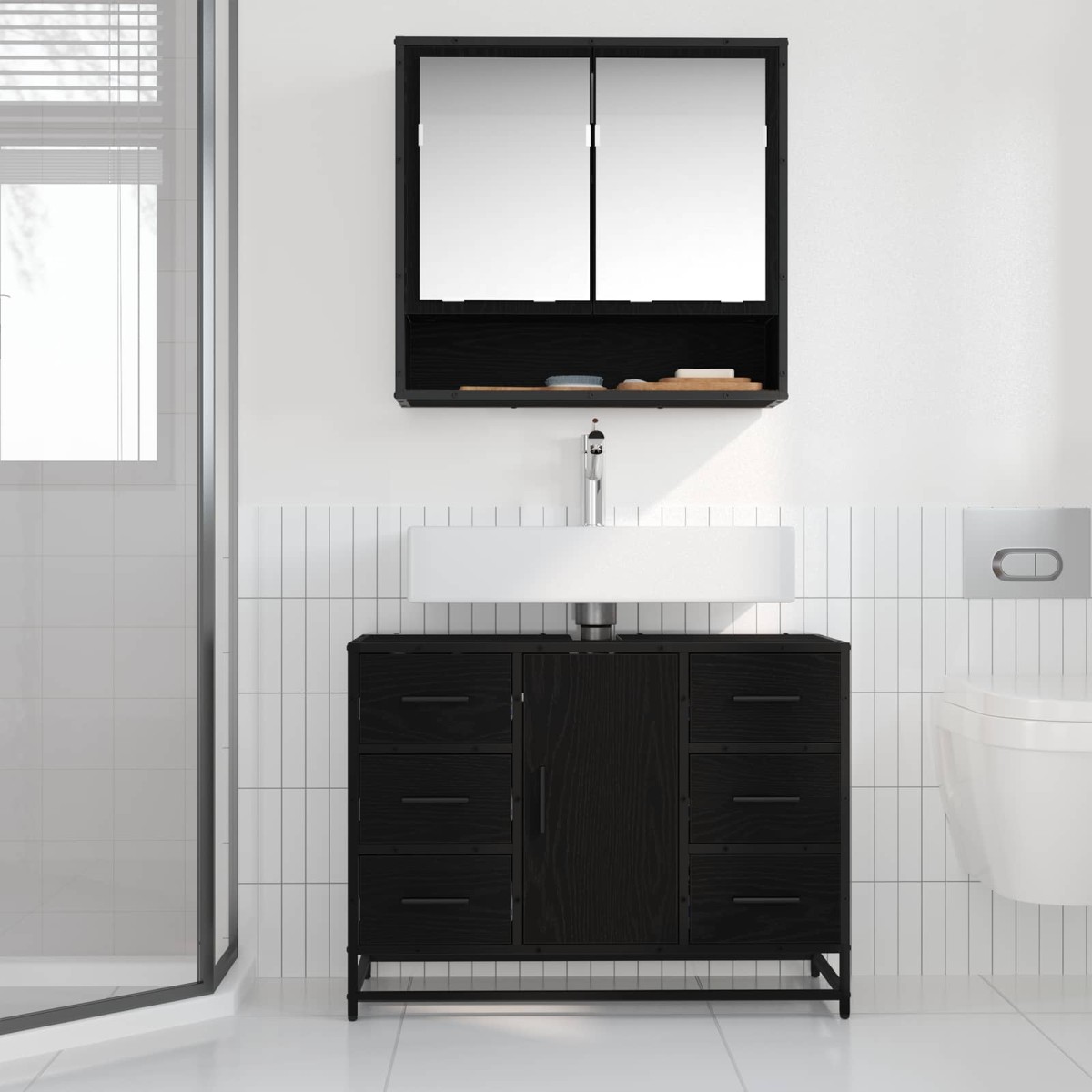 vidaXL Ντουλάπι Μπάνιου Μαύρη Οξυά 80 x 33 x 60 εκ Επεξεργασμένο Ξύλο
