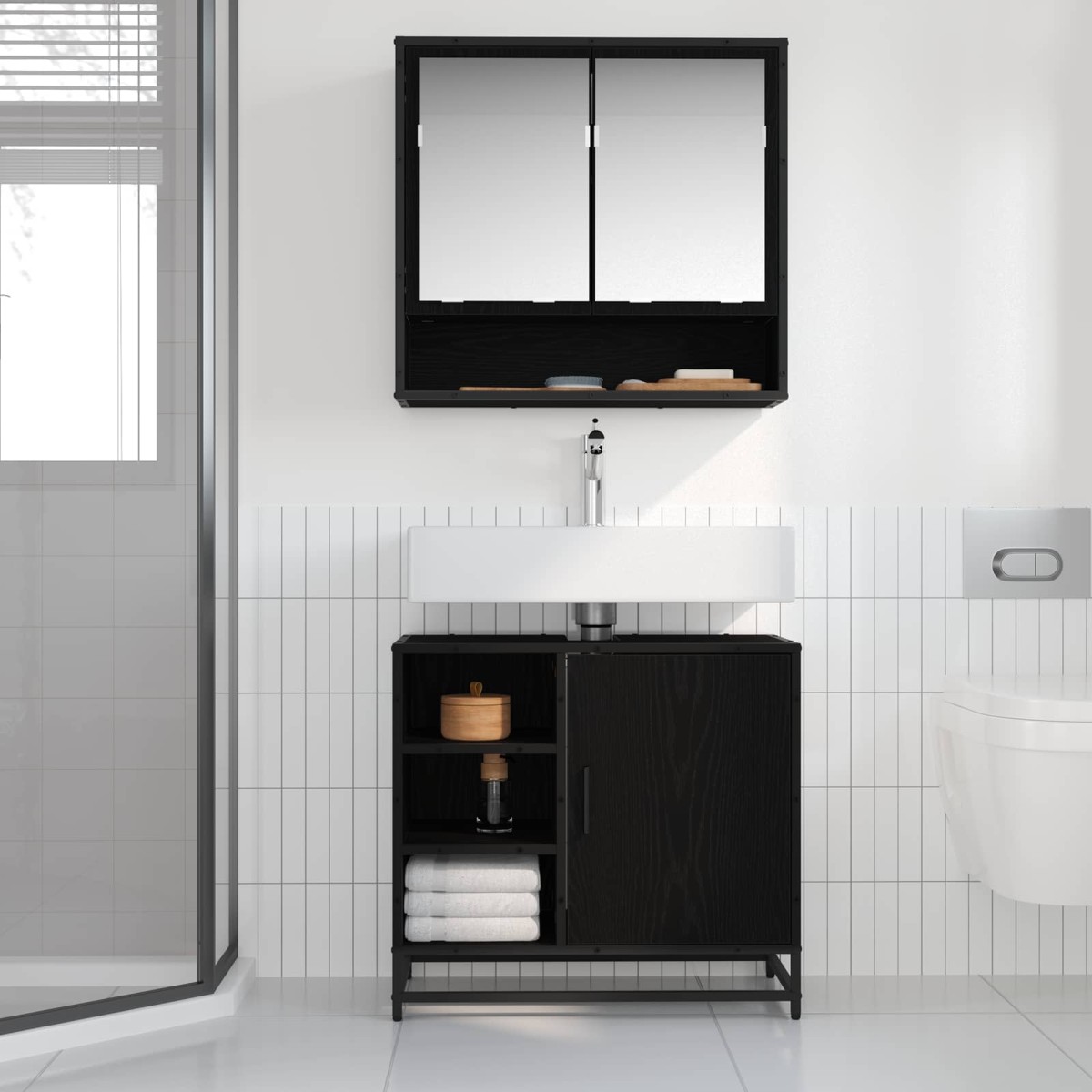 vidaXL Ντουλάπι Μπάνιου Μαύρη Οξυά 65 x 33 x 60 εκ Επεξεργασμένο Ξύλο
