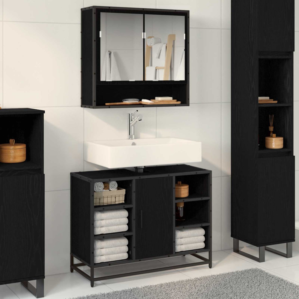 vidaXL Ντουλάπι Μπάνιου Μαύρη Οξυά 80 x 33 x 60 εκ Επεξεργασμένο Ξύλο