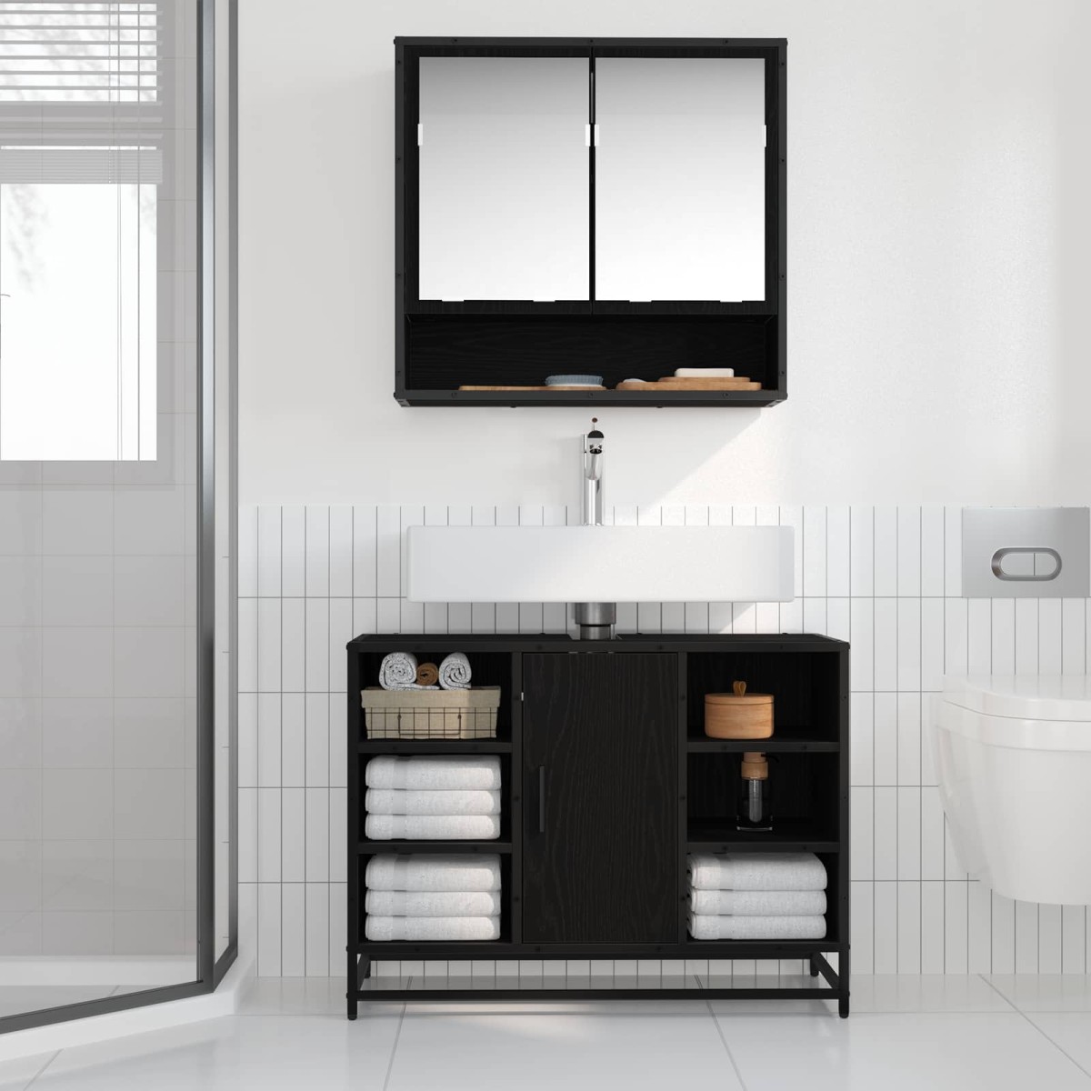 vidaXL Ντουλάπι Μπάνιου Μαύρη Οξυά 80 x 33 x 60 εκ Επεξεργασμένο Ξύλο