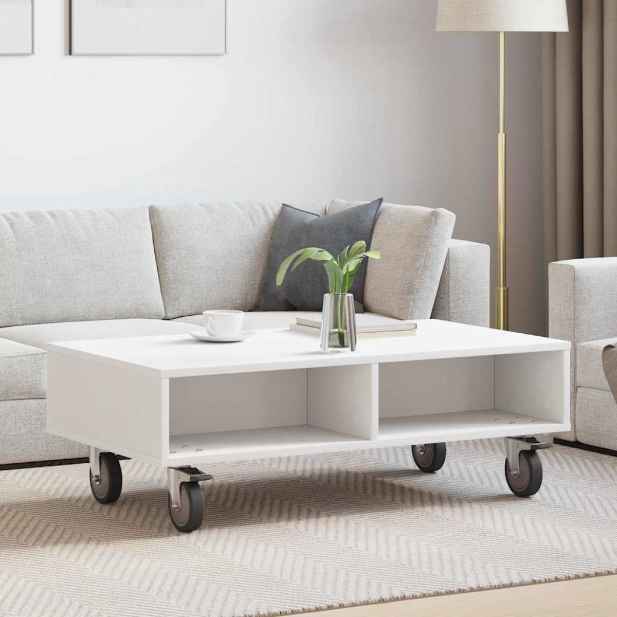 vidaXL Κομοδίνο με τροχούς Λευκό 90 x 50 x 30 cm Επεξεργασμένο Ξύλο