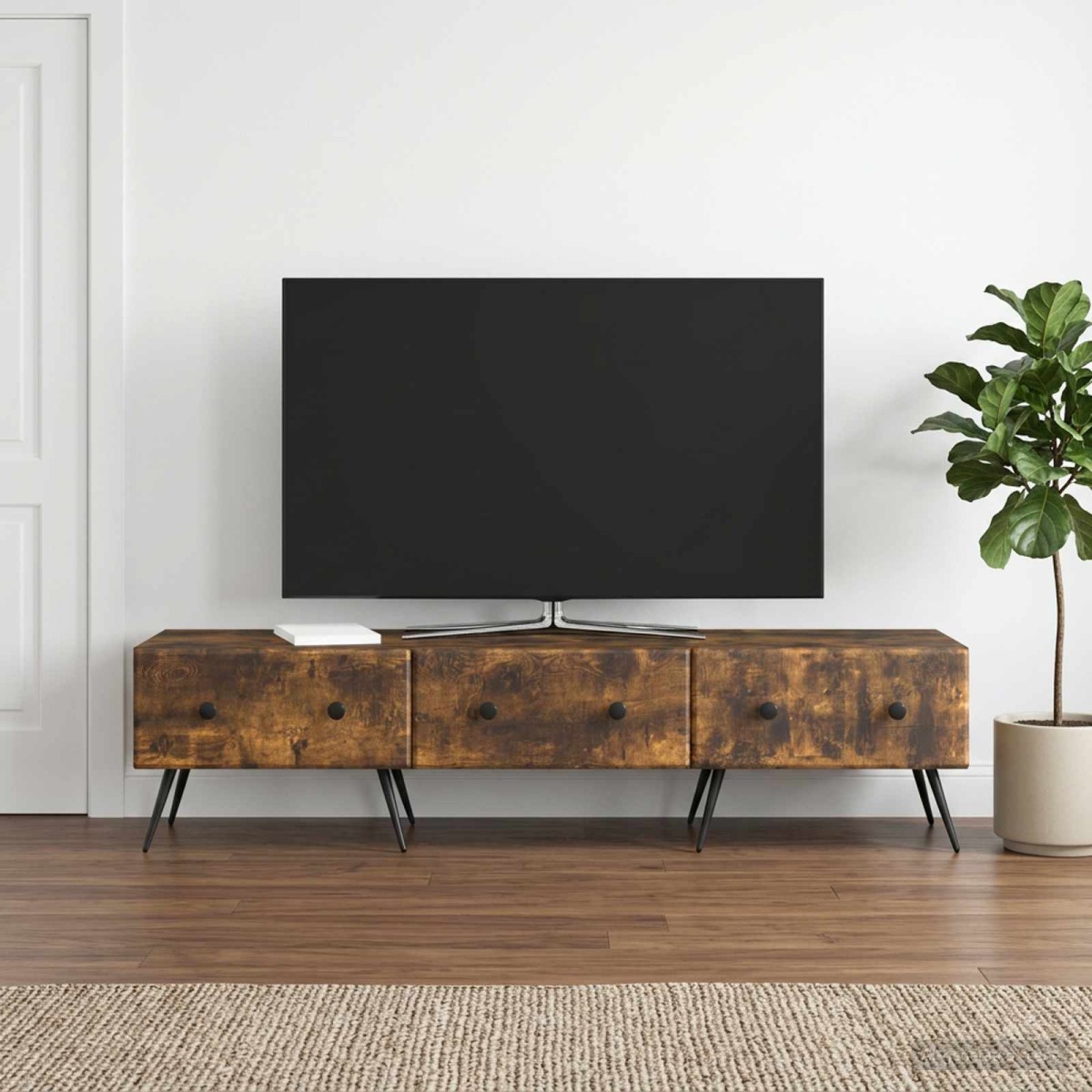vidaXL Ντουλάπι TV με συρτάρι Καπνισμένο Ξύλο Δρυός 147 x 34,5 x 30 εκ