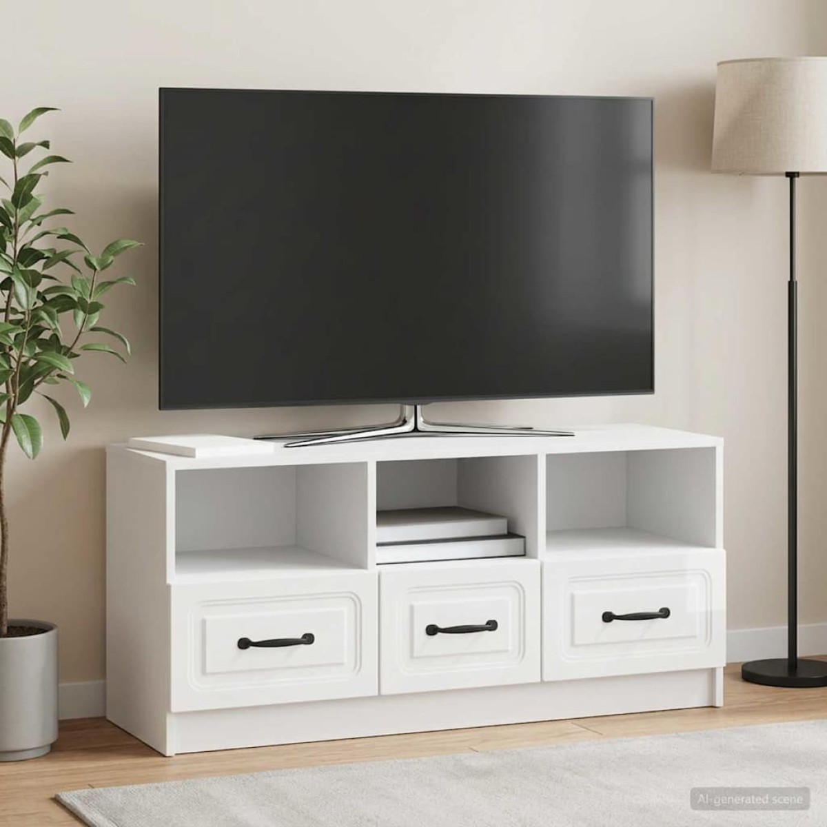 vidaXL Ντουλάπι TV με συρτάρι Γυαλιστερό Λευκό 102 x 34,5 x 47 εκ