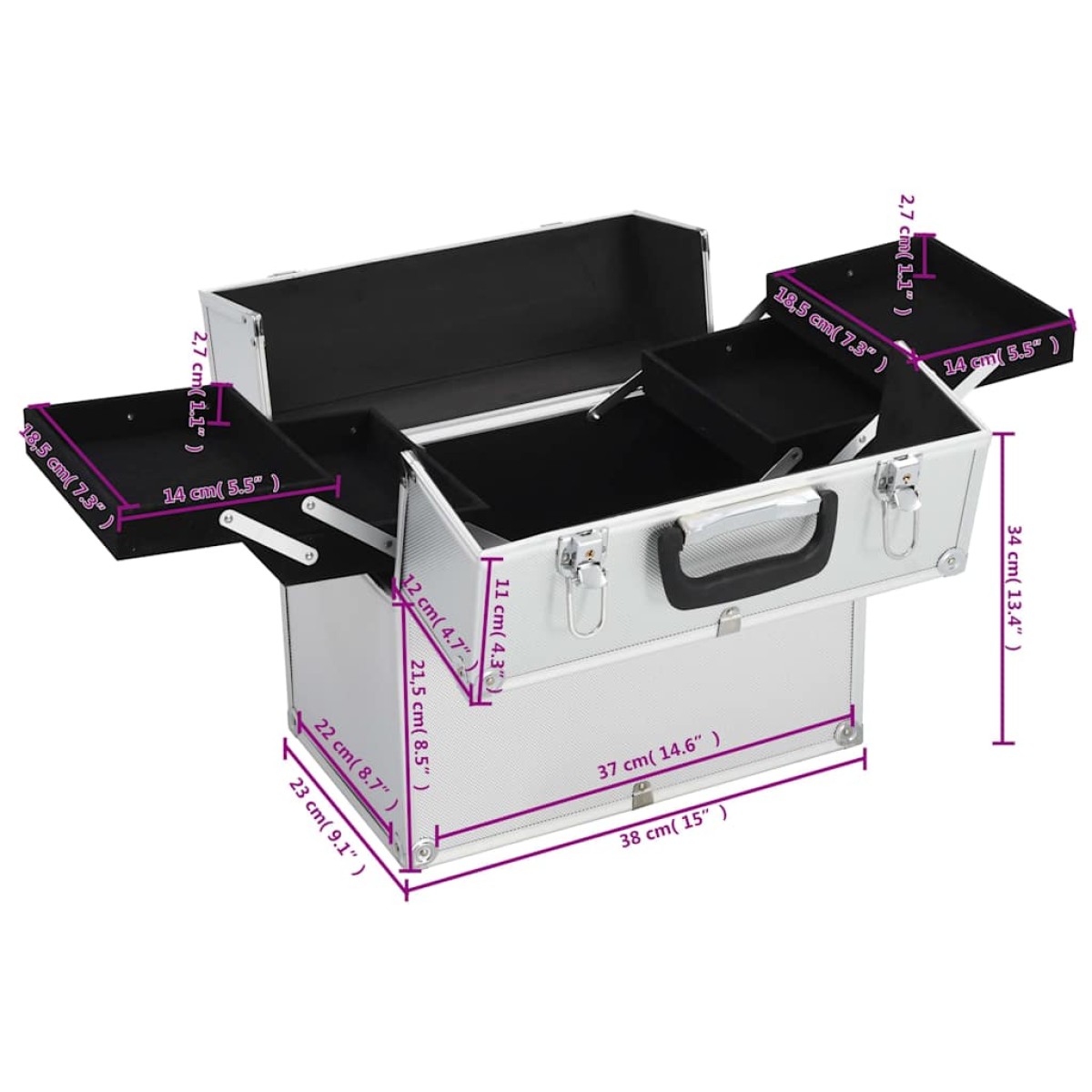 vidaXL Βαλίτσα Μακιγιάζ Ασημί 37 x 24 x 35 εκ. Αλουμινίου