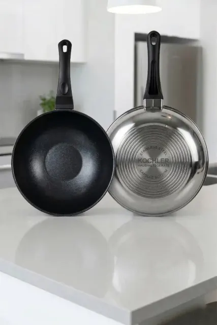 Wok τηγάνι από ανοξείδωτο χάλυβα για εστία επαγωγής Ασημί