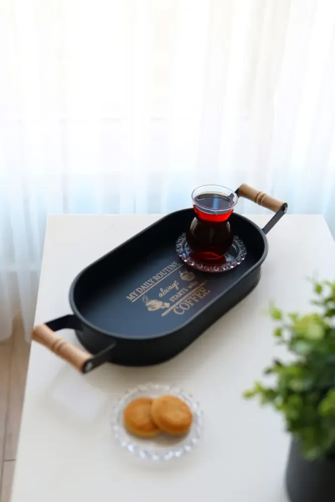 Μεταλλική δίσκος με ξύλινα χερούλια Μαύρο 29x15 cm