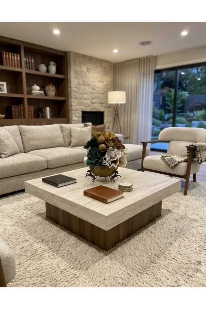 Μοντέρνο τραπεζάκι σαλονιού από MDF με επιφάνεια τραβερτίνης και σχέδιο καρυδιάς Μπεζ