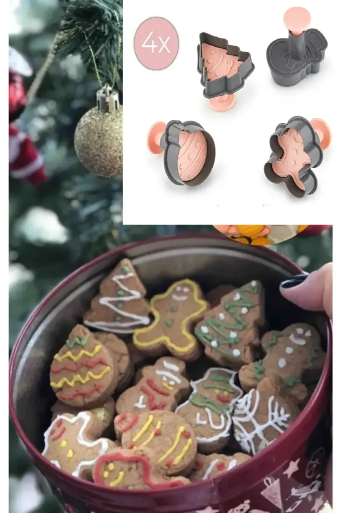 Σετ 4 τεμαχίων κουπ πατ από πεύκο με σχέδια gingerbread και χιονάνθρωπου για ζύμη Γκρι
