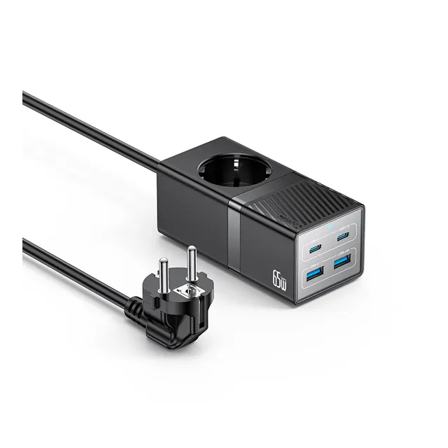 USB HUB Adapter Yesido MC36 (2xUSB3.0 2xUSB-C + 220V) 1.5m GaN 65W 10A Μαύρο