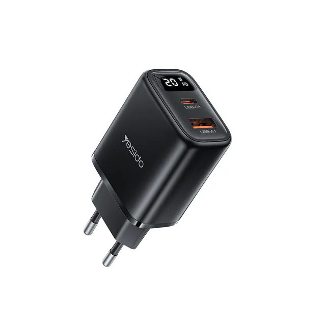 Φορτιστής Yesido YC68 USB-A + Type-C 20W PD Digital Display Μαύρο