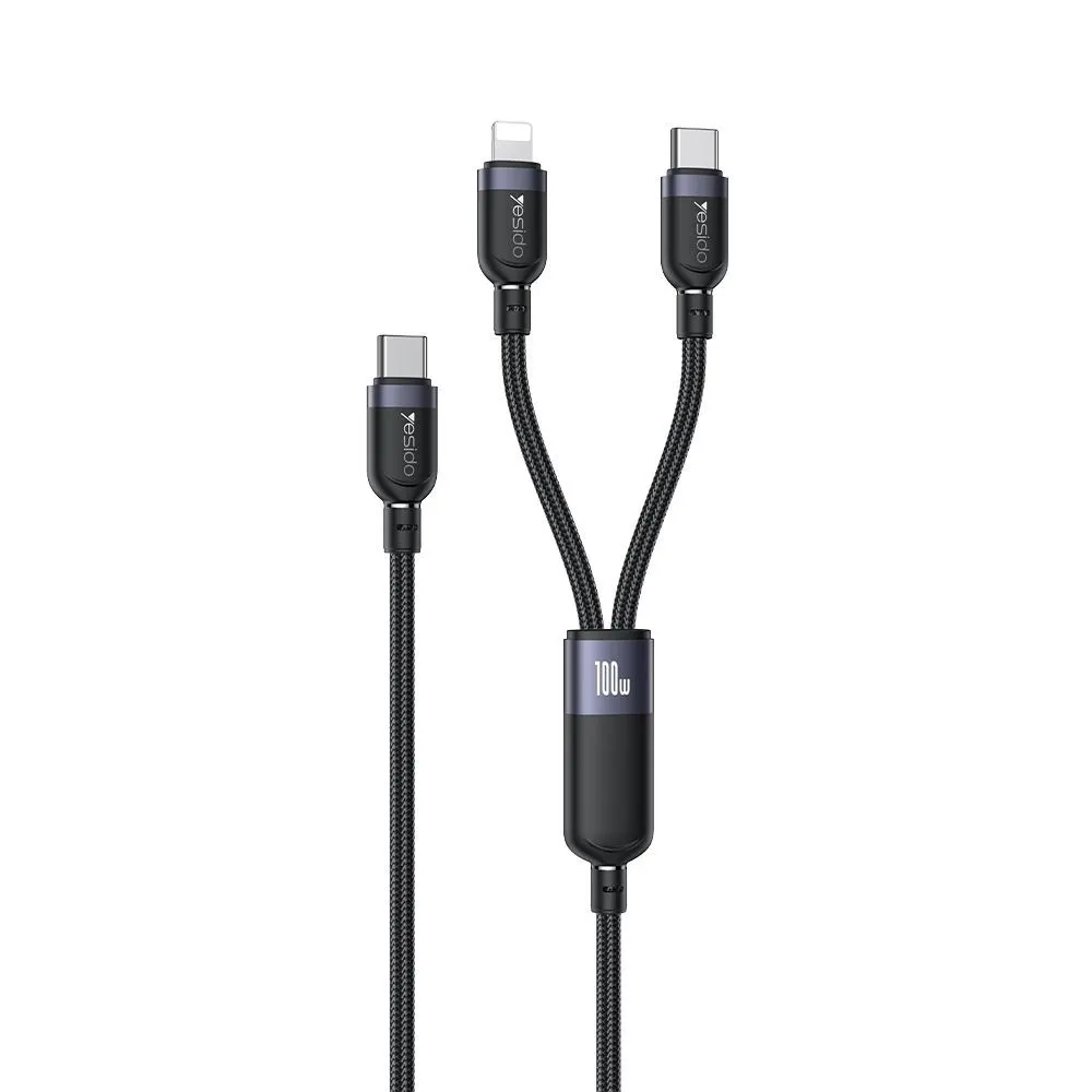Καλώδιο Yesido CA90 Braided 2-σε-1 Type-C σε Type-C & Lightning 100W 1.2m Μαύρο