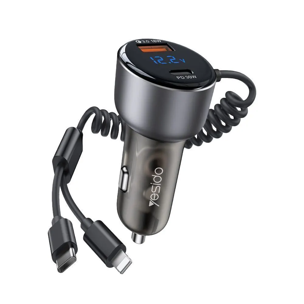 Φορτιστής Αυτοκινήτου Yesido Y58 USB-A + USB-C 60W με ενσωματωμένα καλώδια Type-C & Lightning και LED ένδειξη τάσης Μαύρο