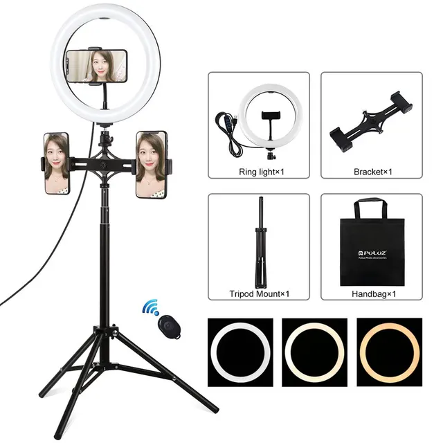 Ring Light Puluz 10.2" 26cm με Τρίποδο Δαπέδου 1.65cm και Βάση για 3 Κινητά