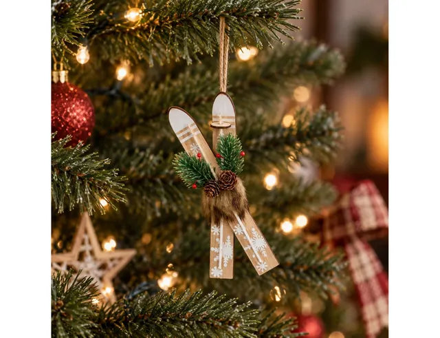 VINTAGE ΞΎΛΙΝΑ ΣΤΟΛΊΔΙΑ ΔΈΝΤΡΟΥ CHRISTMAS HANGER SKIS OF WOOD, PLASTIC, BROWN