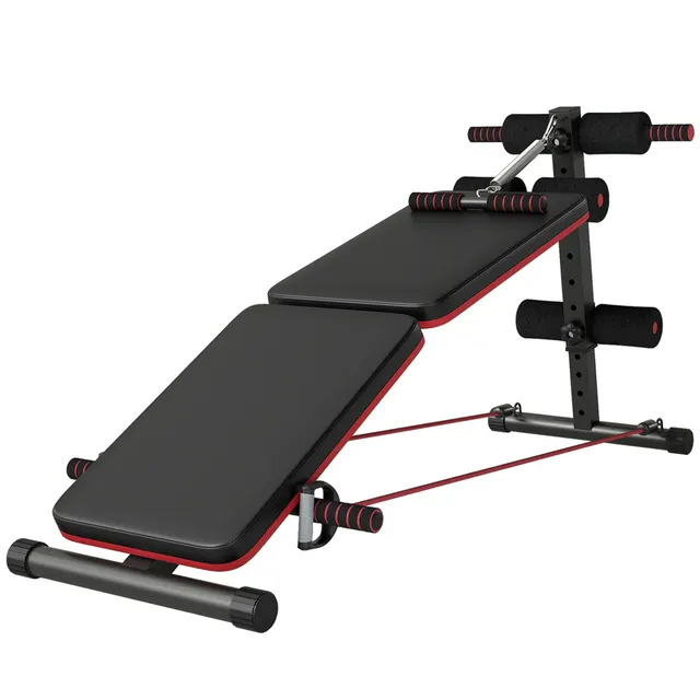 Sit Up Bench Abdominal Trainer with Training Ropes Πάγκος προπόνησης Πολυλειτουργικός Ρυθμιζόμενος & Αναδιπλούμενος 110 kg Χωρητικότητα φόρτωσης Steel Black + Red 137 x 51 x 50-66 cm