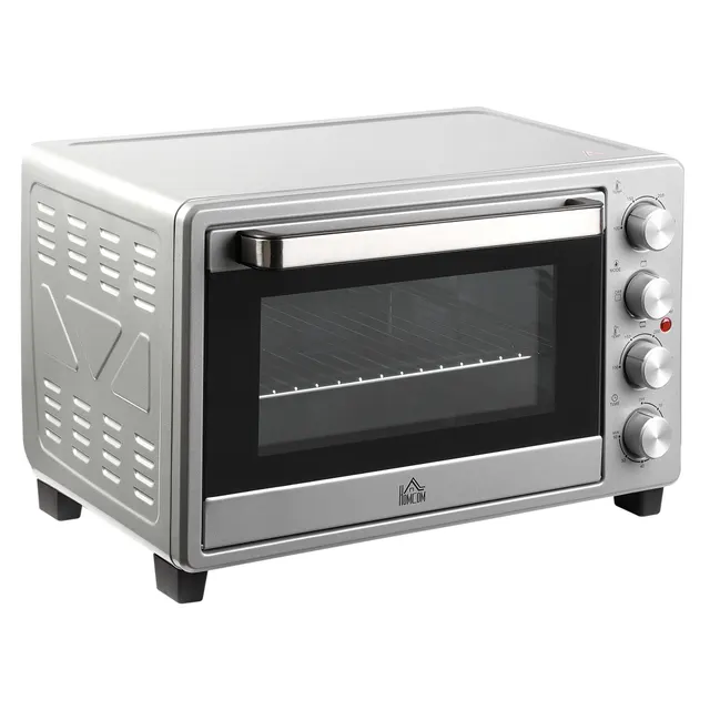 Μίνι φούρνος 32L 100 °C-230 °C 1600 W μίνι φούρνος με ταψί, ταψί για ψίχουλα, σχάρα γκριλ και 3 λειτουργίες μαγειρέματος, φούρνος πίτσας με χρονοδιακόπτη, λαβή ταψιού, ανοξείδωτο ατσάλι, ασήμι