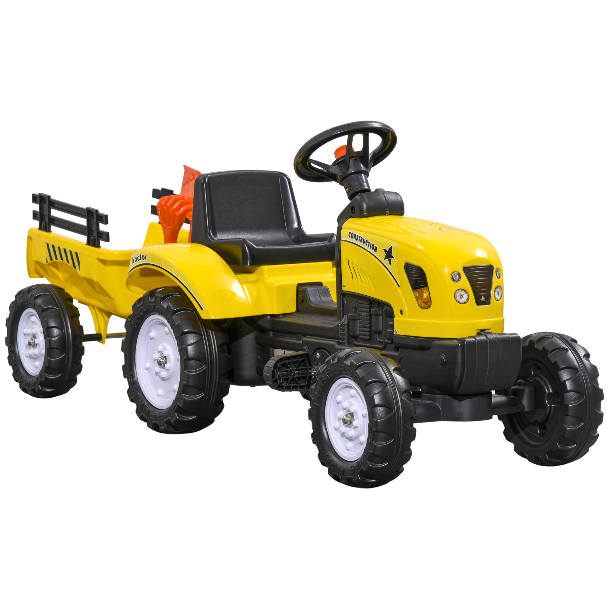 Τρακτέρ με τρέιλερ, εργαλεία, κόρνα, για παιδιά από 3 ετών, μεταλλικό πλαίσιο, μαύρο-κίτρινο, 133 x 42 x 51 cm