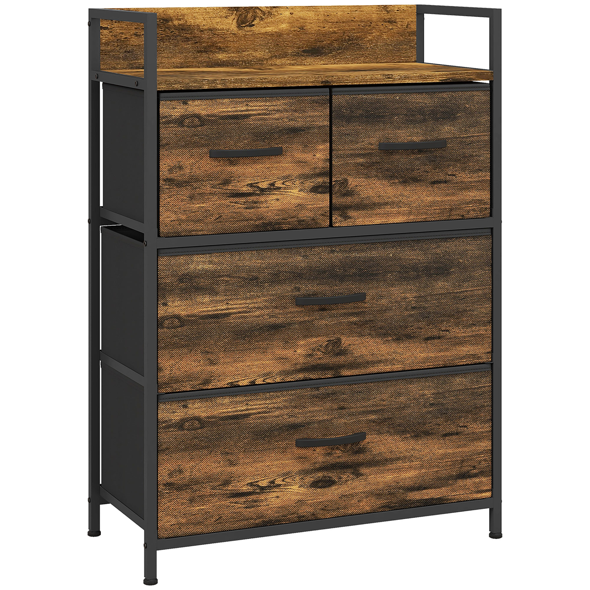 Κομοδίνο, sideboard, 4 υφασμάτινα συρτάρια, βιομηχανικό σχέδιο, 60x29x85 cm, Καφέ/Μαύρο