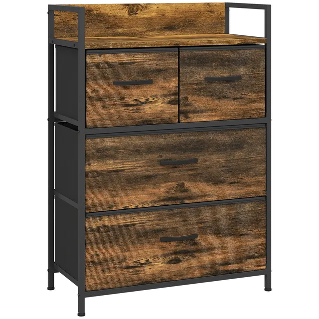 Κομοδίνο, sideboard, 4 υφασμάτινα συρτάρια, βιομηχανικό σχέδιο, 60x29x85 cm, Καφέ/Μαύρο