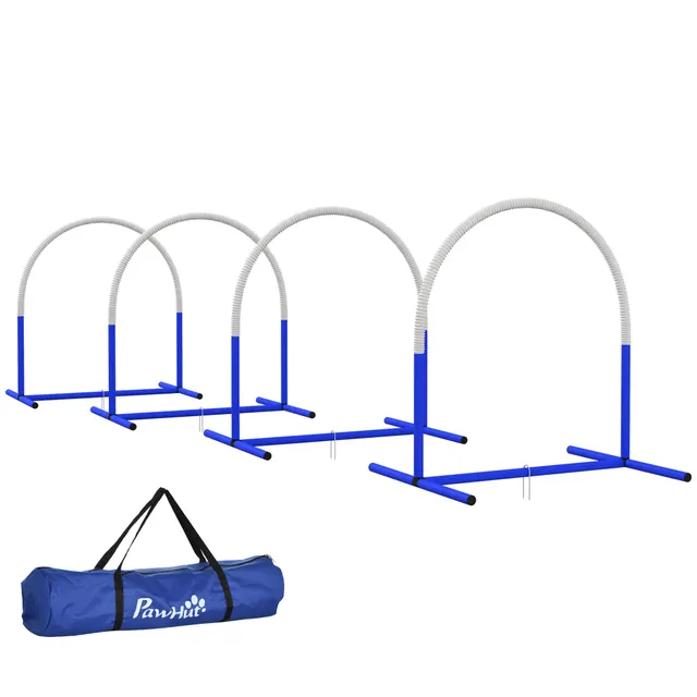 Σετ agility για σκύλους, εκπαίδευση σκύλων, 4 τόξα, για αρχάριους, με τσάντα μεταφοράς, μπλε+άσπρο, 88 x 64 x 95cm