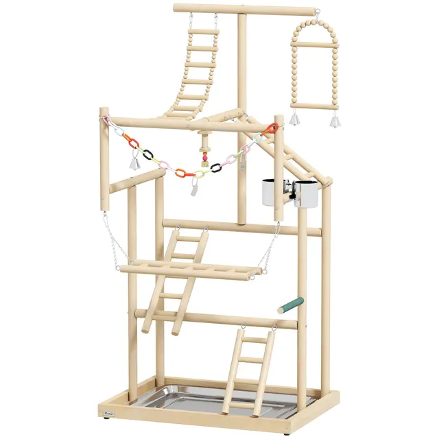 Bird Stand Bird Perch Σετ 4 επιπέδων Δίσκος από ανοξείδωτο ατσάλι Παιχνίδι από φυσικό ξύλο