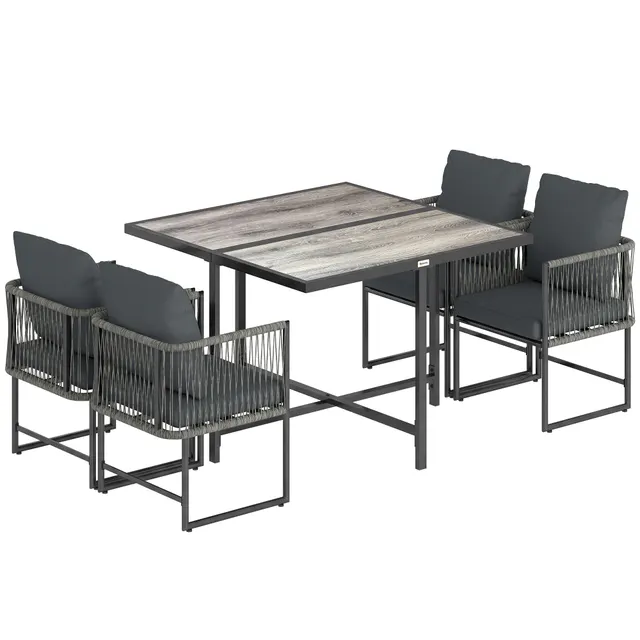 Σετ επίπλων κήπου Polyrattan, 5 τεμαχίων, ομάδα καθιστικών που εξοικονομεί χώρο, τραπέζι με 4 καρέκλες, μαξιλάρια τραπεζιού DPC, γκρι