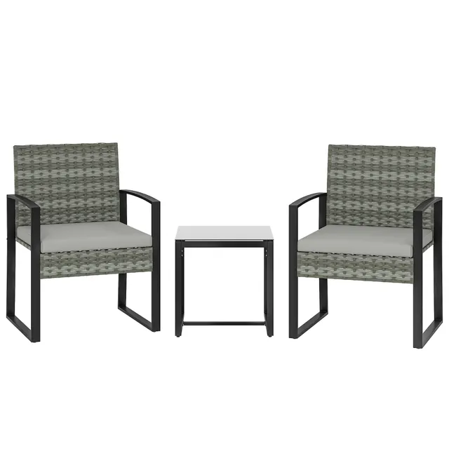 Σετ μπαρ Rattan, 3 τεμαχίων, σετ κήπου με 2 καρέκλες κήπου, τραπεζάκι σαλονιού, αποσπώμενα μαξιλάρια, Ανοιχτό γκρι