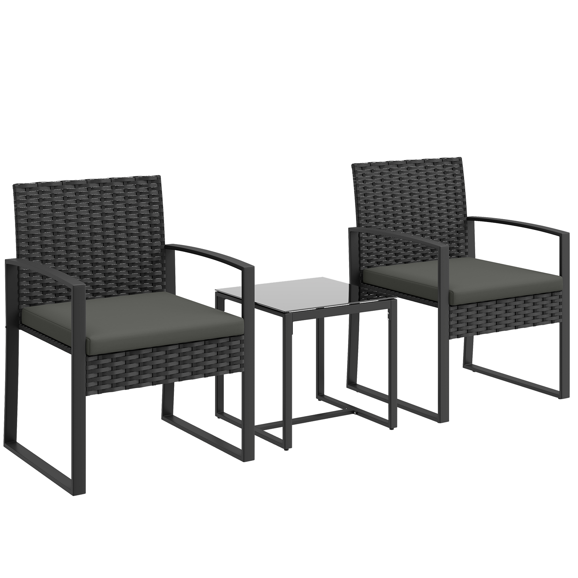 Σετ μπαρ Rattan, 3 τεμαχίων σετ κήπου με 2 καρέκλες κήπου, τραπεζάκι σαλονιού, αποσπώμενα μαξιλάρια Σκούρο γκρι