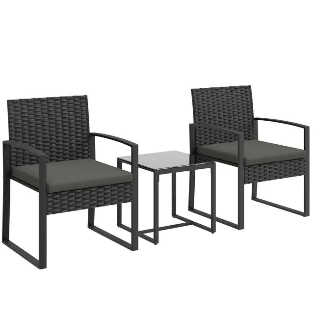 Σετ μπαρ Rattan, 3 τεμαχίων σετ κήπου με 2 καρέκλες κήπου, τραπεζάκι σαλονιού, αποσπώμενα μαξιλάρια Σκούρο γκρι