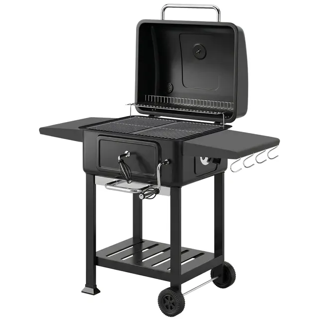 Ηλεκτρική ψησταριά BBQ Smoker με καπάκι, θερμόμετρο, ρυθμιζόμενο ύψος, κάρβουνο, σχάρα, πλαϊνό τραπέζι, θήκη στάχτης
