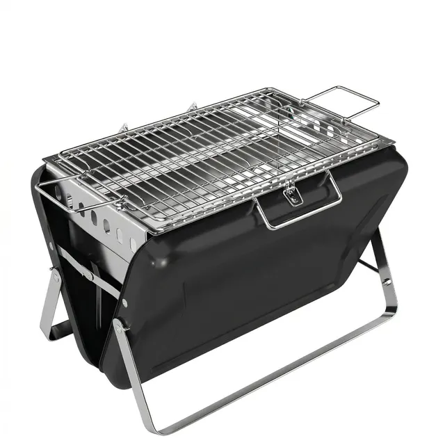Ψησταριά κάρβουνα από ανοξείδωτο ατσάλι BBQ καπνιστής με λαβή σχάρας πτυσσόμενα πόδια για κάμπινγκ μπάρμπεκιου 40x28x25,5cm μαύρο