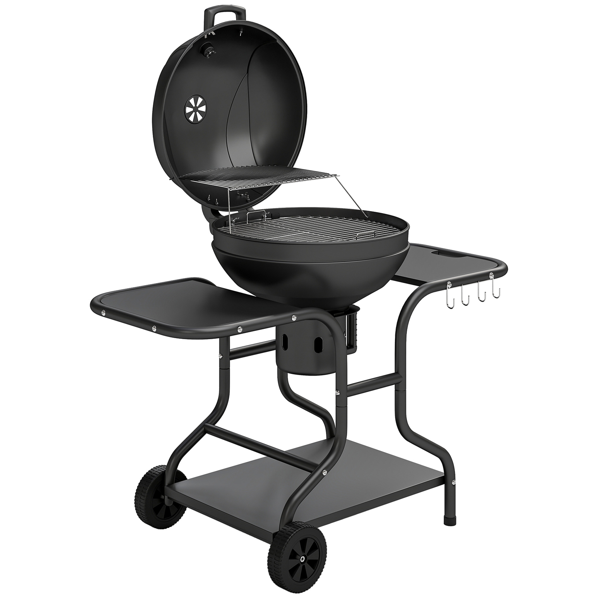 Γκριλ ξυλοκάρβουνου BBQ Smoker με πλάγιους πάγκους, καπάκι, θερμόμετρο, ρόδες 129 x 63,5 x 106,5 cm