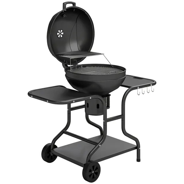 Γκριλ ξυλοκάρβουνου BBQ Smoker με πλάγιους πάγκους, καπάκι, θερμόμετρο, ρόδες 129 x 63,5 x 106,5 cm