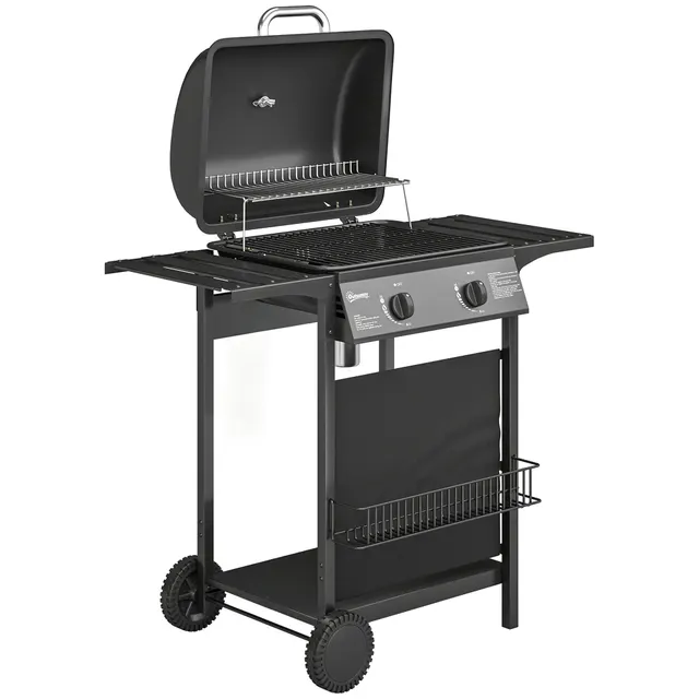 Ψησταριά αερίου 5 KW 2 καυστήρων BBQ καροτσάκι ψησταριάς από ανοξείδωτο χάλυβα συμπεριλαμβανομένου του πλαϊνού τραπεζιού κάτω καλαθιού μπροστινό κάλυμμα θερμόμετρο σχάρα σχάρα σμάλτου