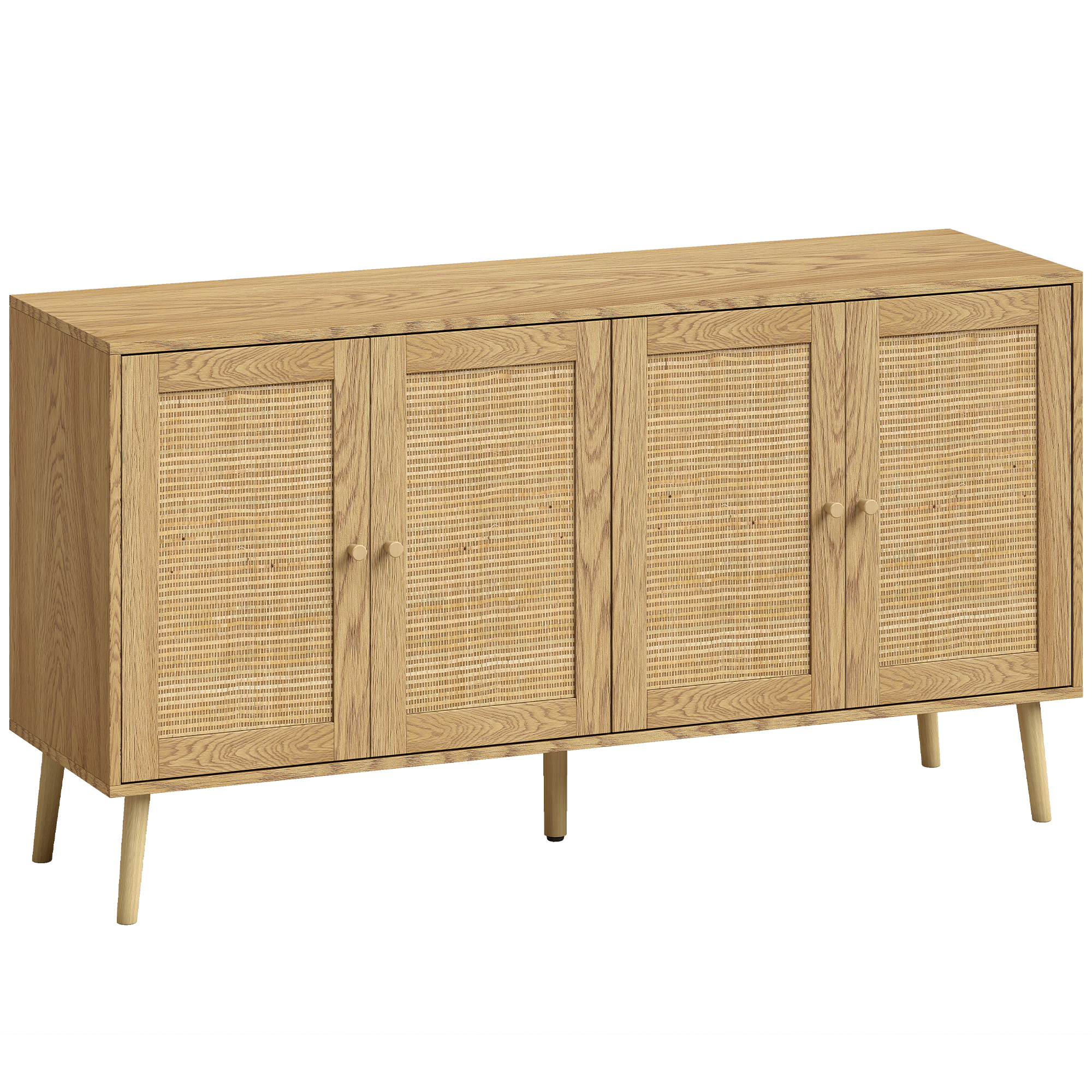 Μπουφές Rattan με 4 πόρτες, μπουφές κουζίνας boho με 2 ρυθμιζόμενα ράφια, εμφάνιση από φυσικό ξύλο