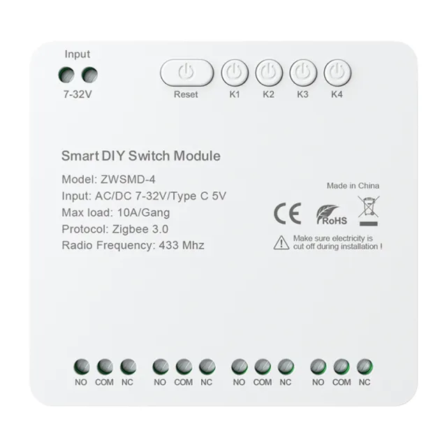 Μονάδα διακόπτη 4 καναλιών ZigBee με επαφή χωρίς τάση DC 32V Avatto ZWSMMD-4-32V